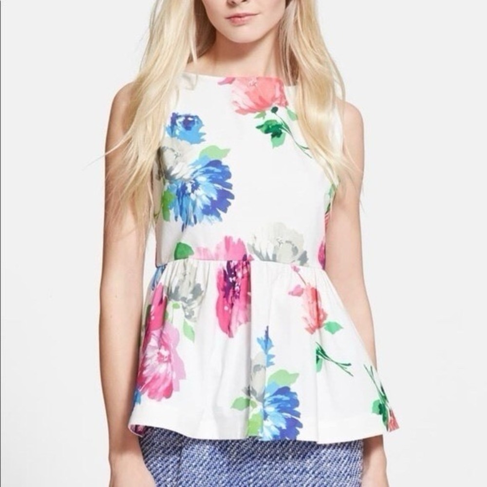 Kate Spade Women's Blooms Floral Peplum Sleeveless Blouse Stretch Cotton Size 4